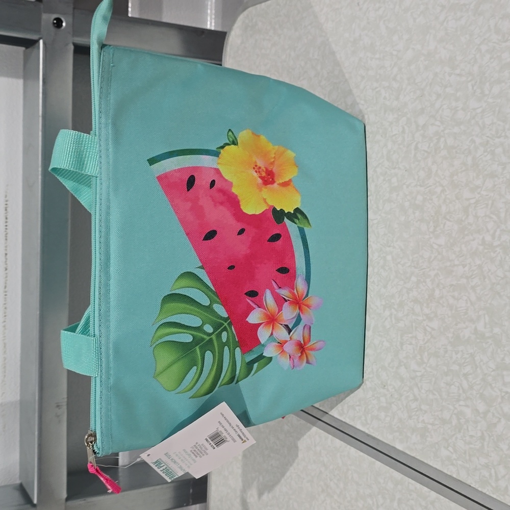 Graphic Lunch Tote Fully Insulated Teal with Watermelon and Flowers